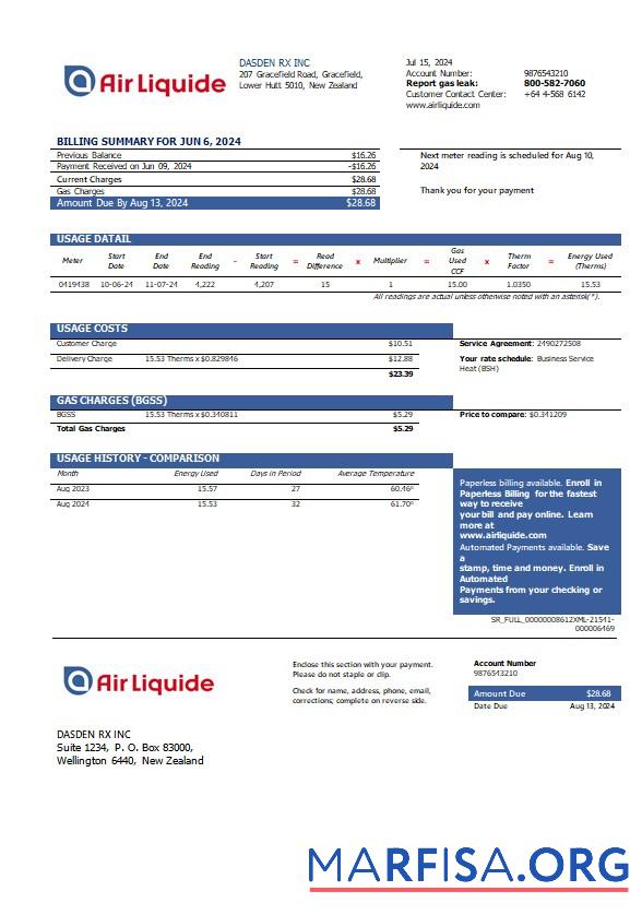 Blank New Zealand Air Liquide gas business utility bill template in Word and PDF formats